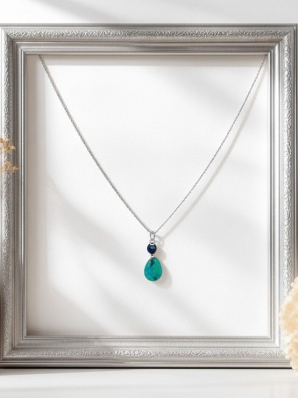 Natural Chrysocolla and Lapis Lazuli Necklace in Sterling Silver, Handmade